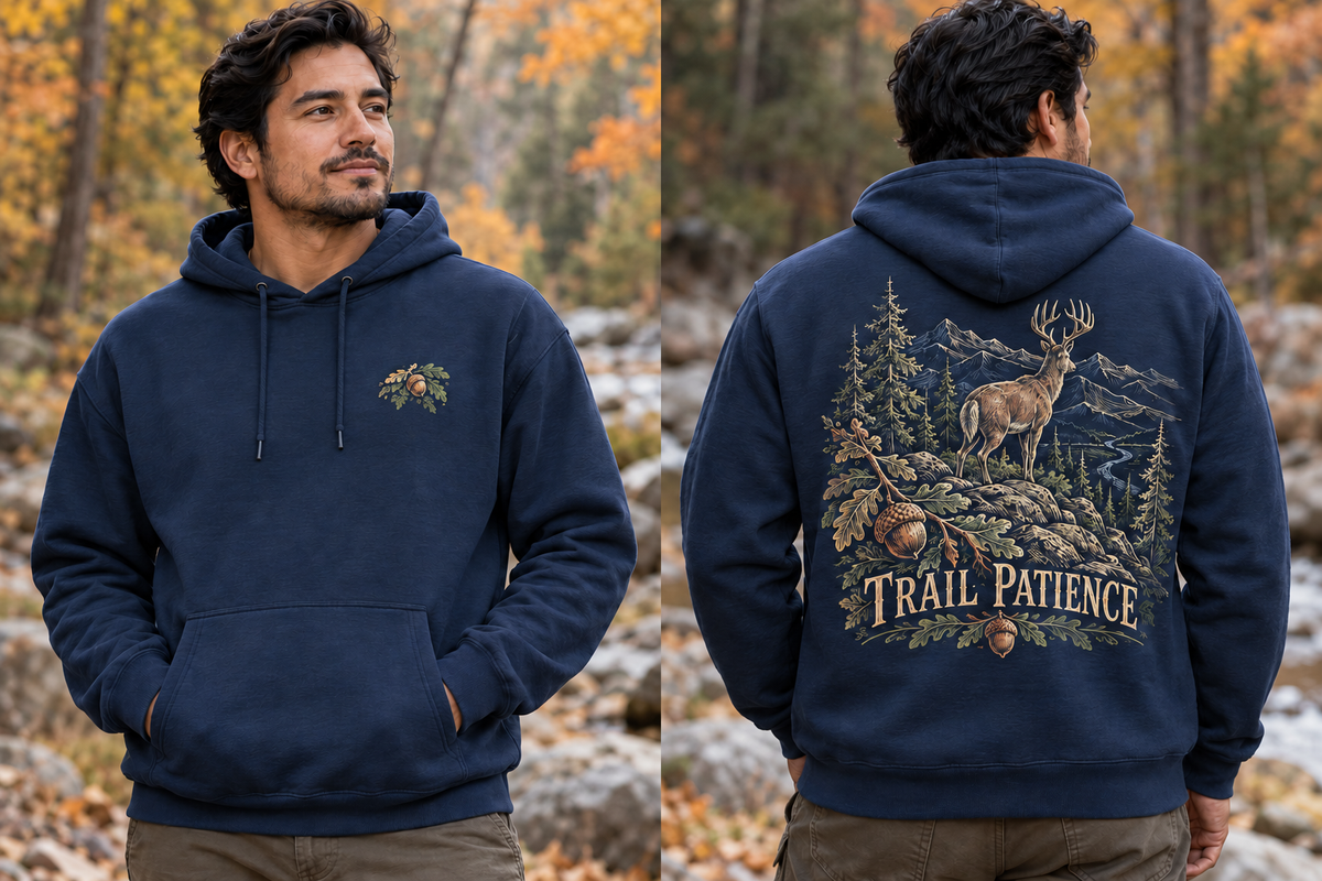 Men’s Trail Patience Hoodie – Indigo Blue — picture-only front, saying and artwork on back