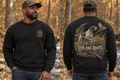 Men’s Upland Roots Crewneck – Black — picture-only front, saying and artwork on back