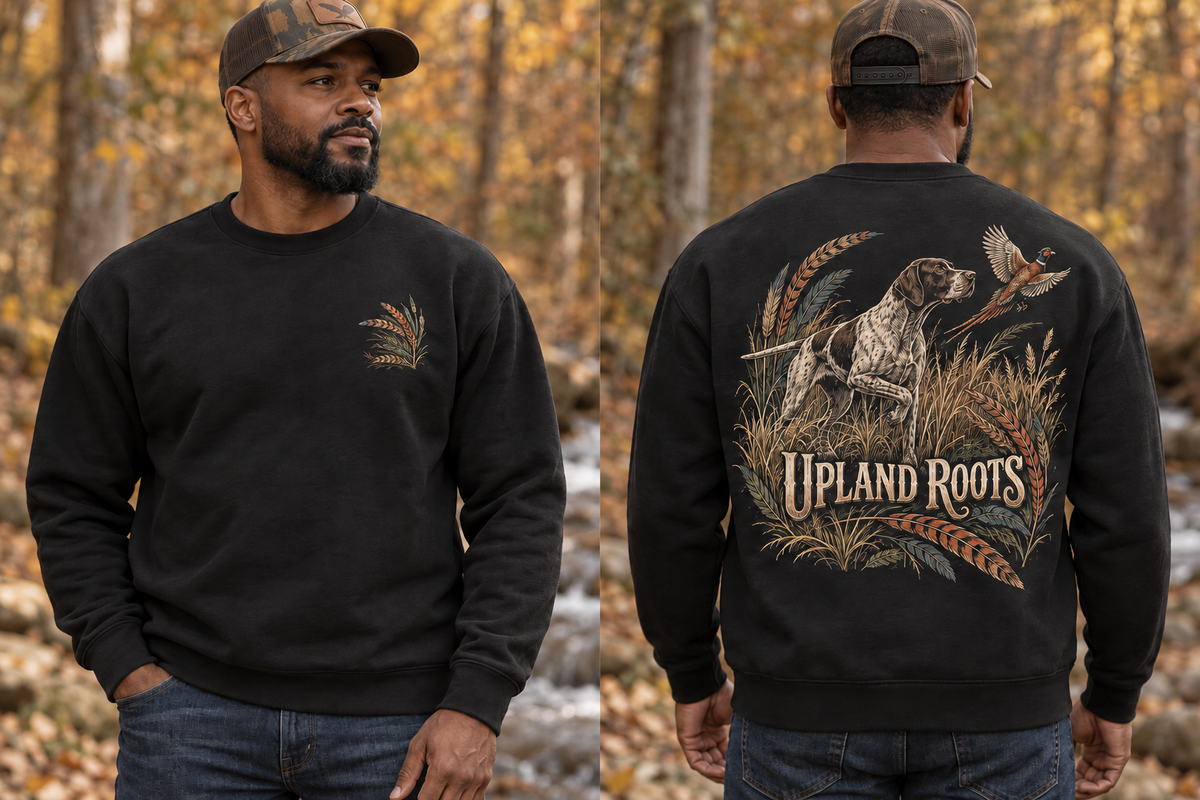 Men’s Upland Roots Crewneck – Black — picture-only front, saying and artwork on back