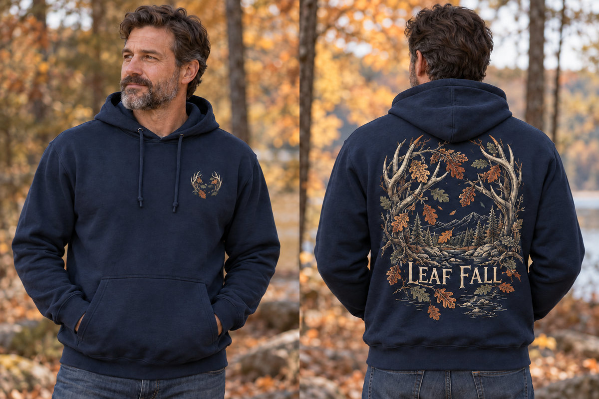 Men’s Leaf Fall Hoodie – Navy — picture-only front, saying and artwork on back