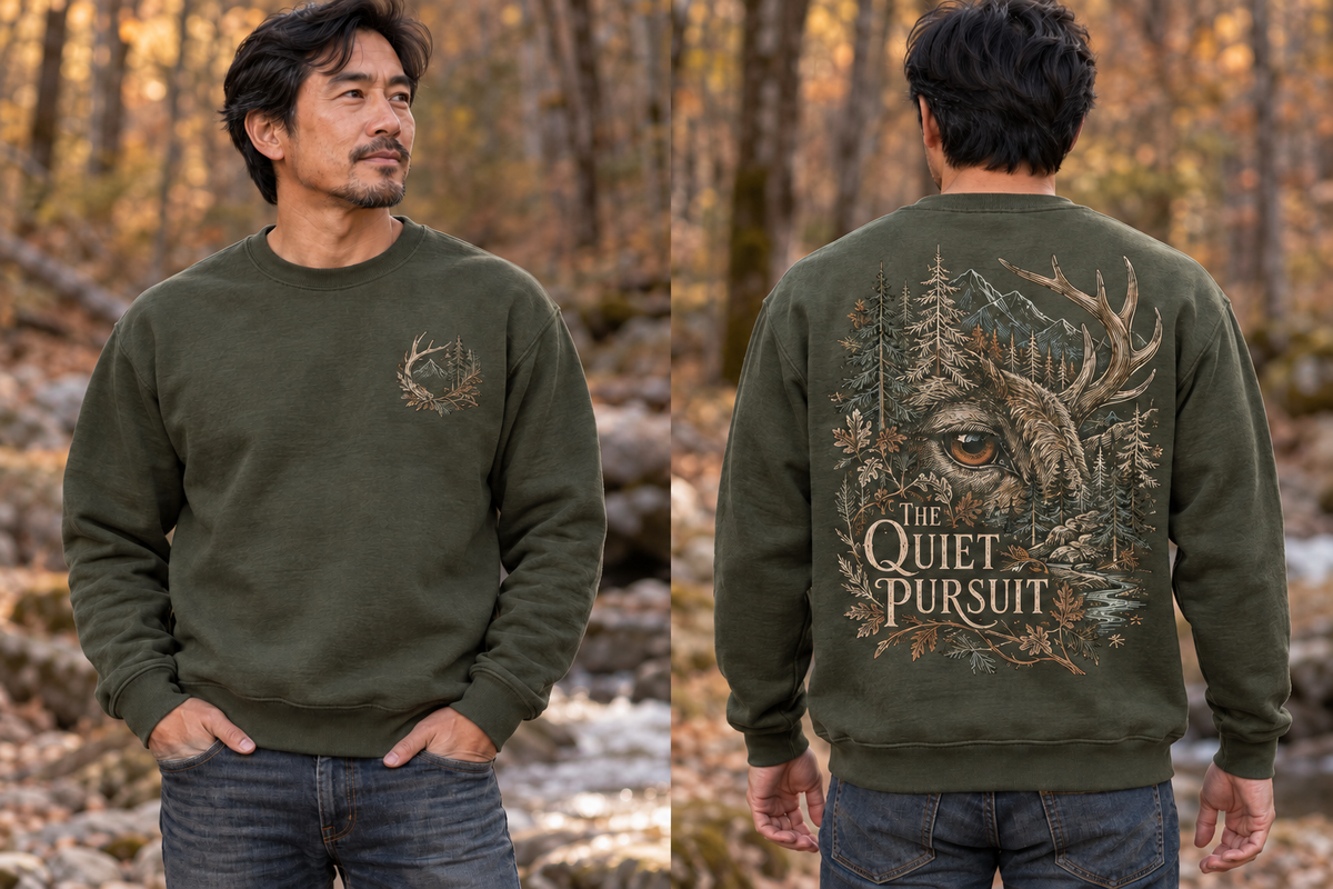 Men’s The Quiet Pursuit Crewneck – Military Green — picture-only front, saying and artwork on back