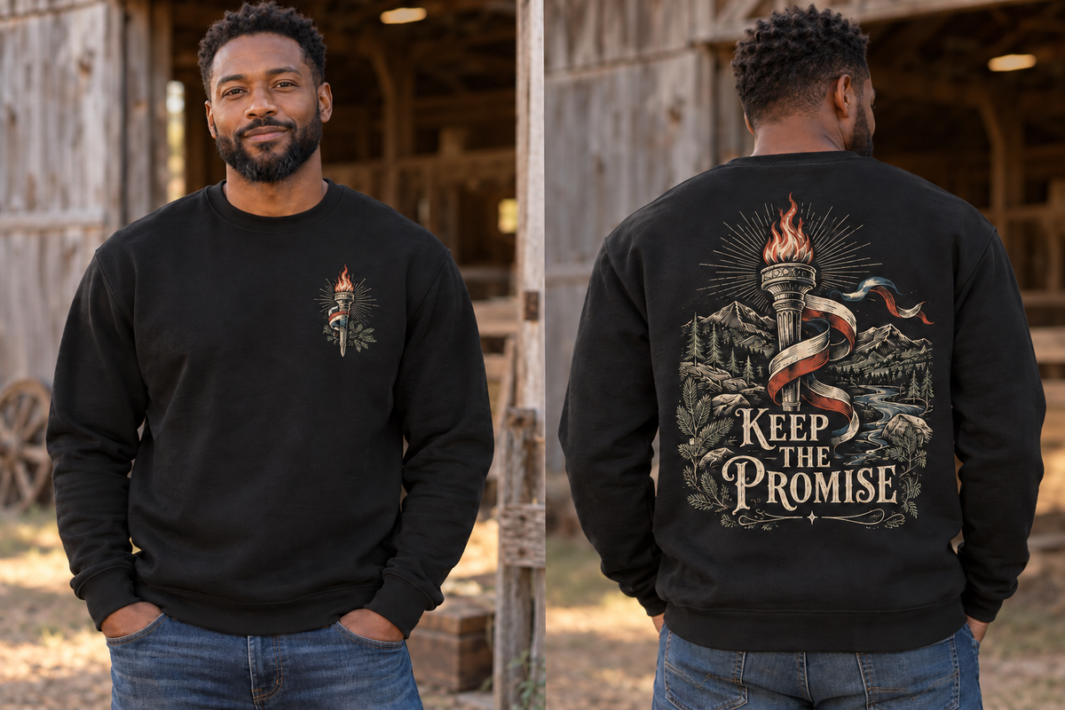 Men’s Keep The Promise Crewneck – Black — picture-only front, saying and artwork on back