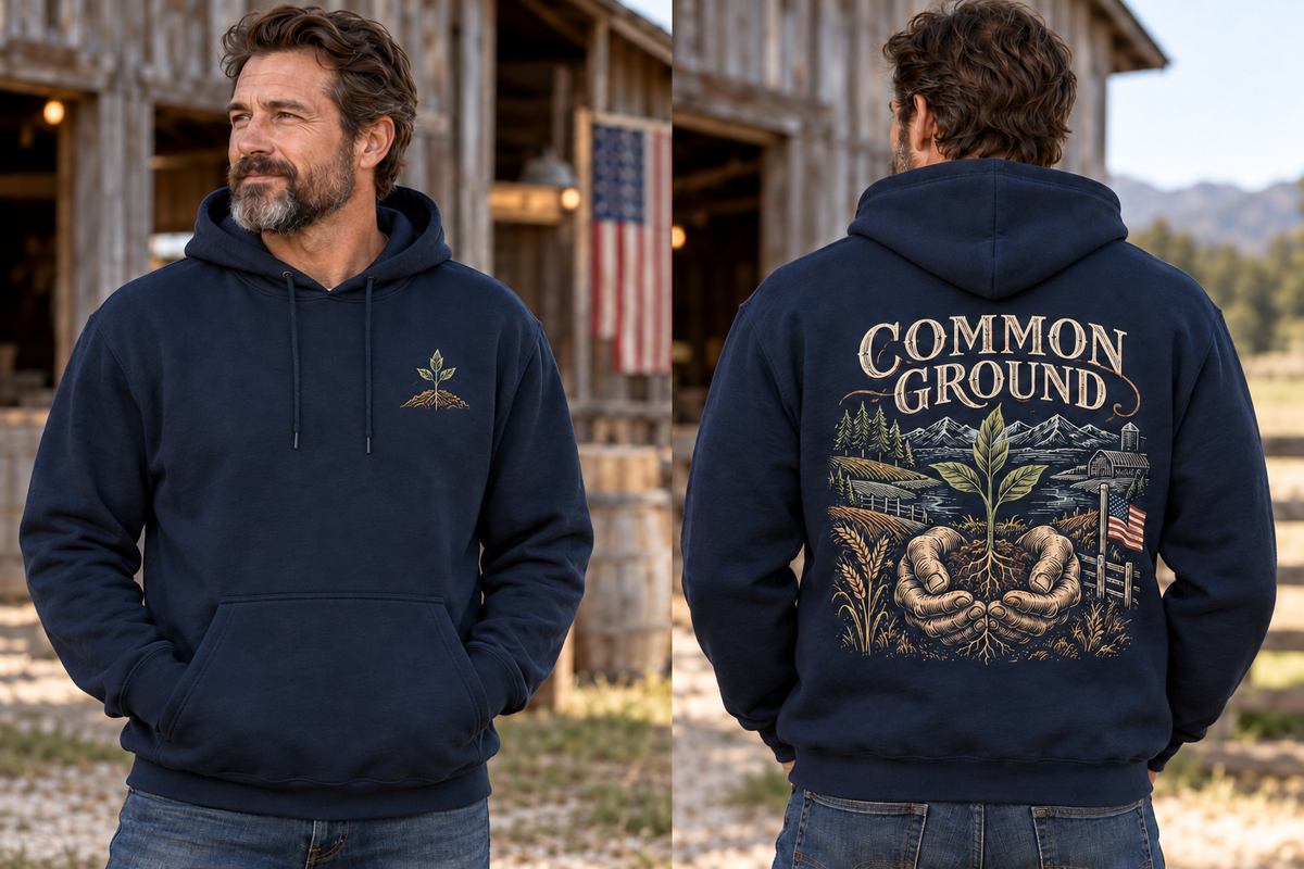 Men’s Common Ground Hoodie – Navy — picture-only front, saying and artwork on back