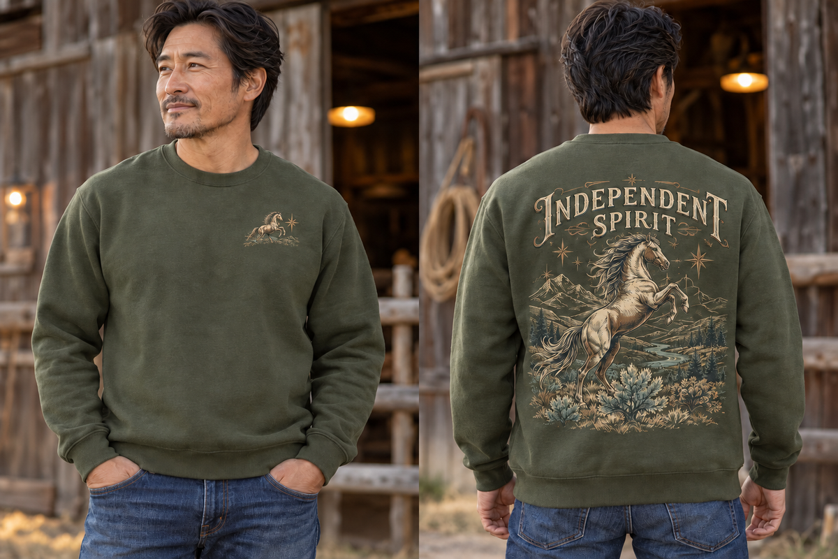 Men’s Independent Spirit Crewneck – Military Green — picture-only front, saying and artwork on back