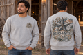Men’s Stars & Steel Crewneck – Ash Gray — picture-only front, saying and artwork on back