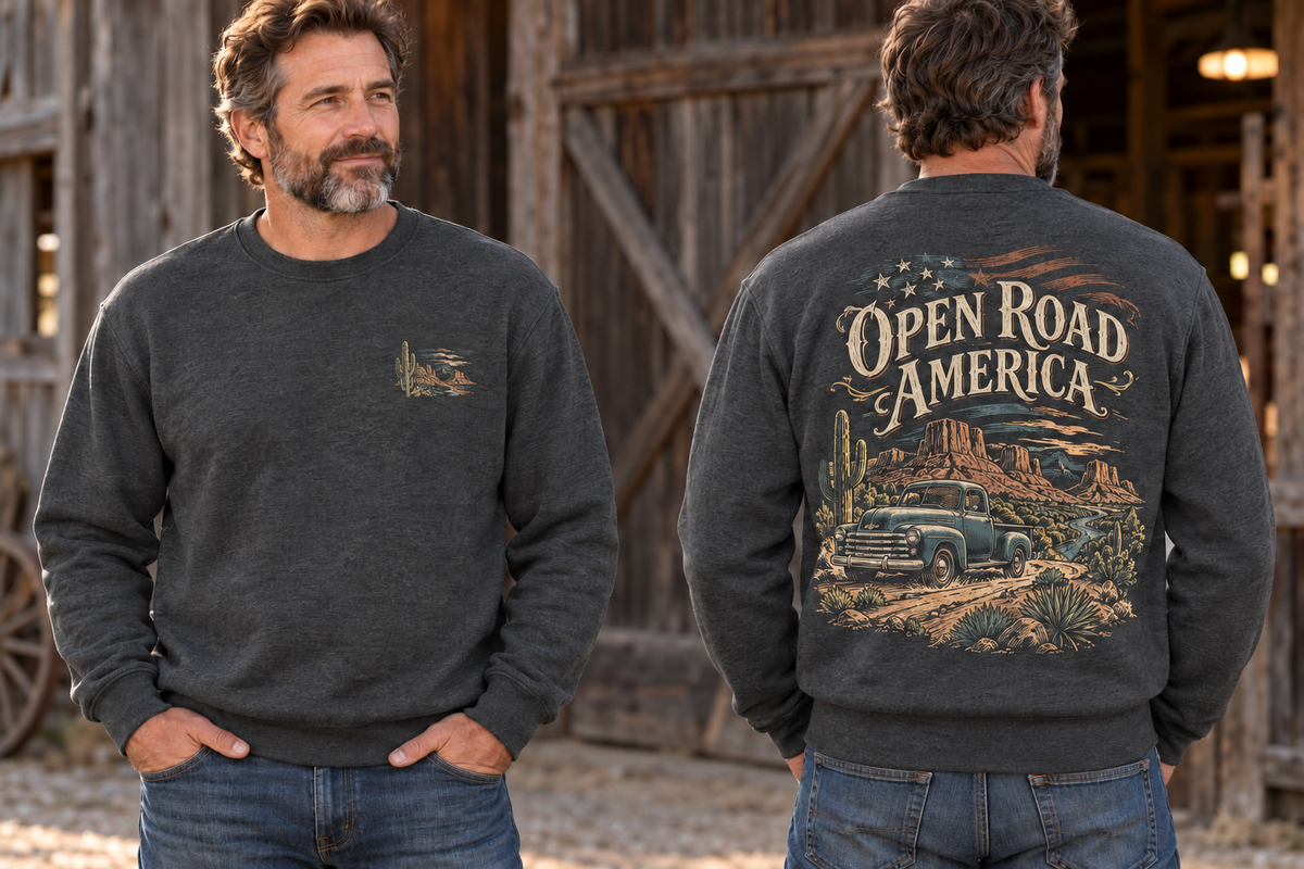 Men’s Open Road America Crewneck – Dark Heather Gray — picture-only front, saying and artwork on back