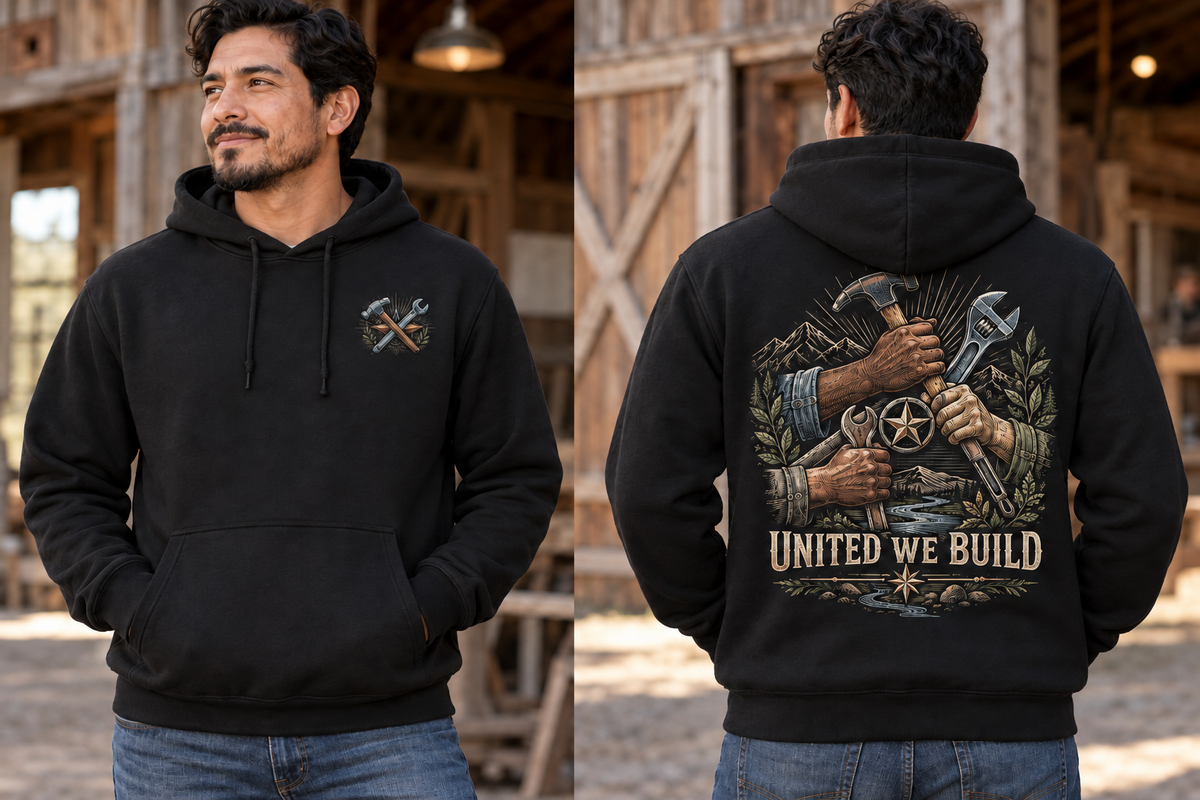 Men’s United We Build Hoodie – Black — picture-only front, saying and artwork on back