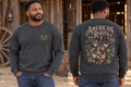 Men’s American Roots Crewneck – Heather Charcoal — picture-only front, saying and artwork on back