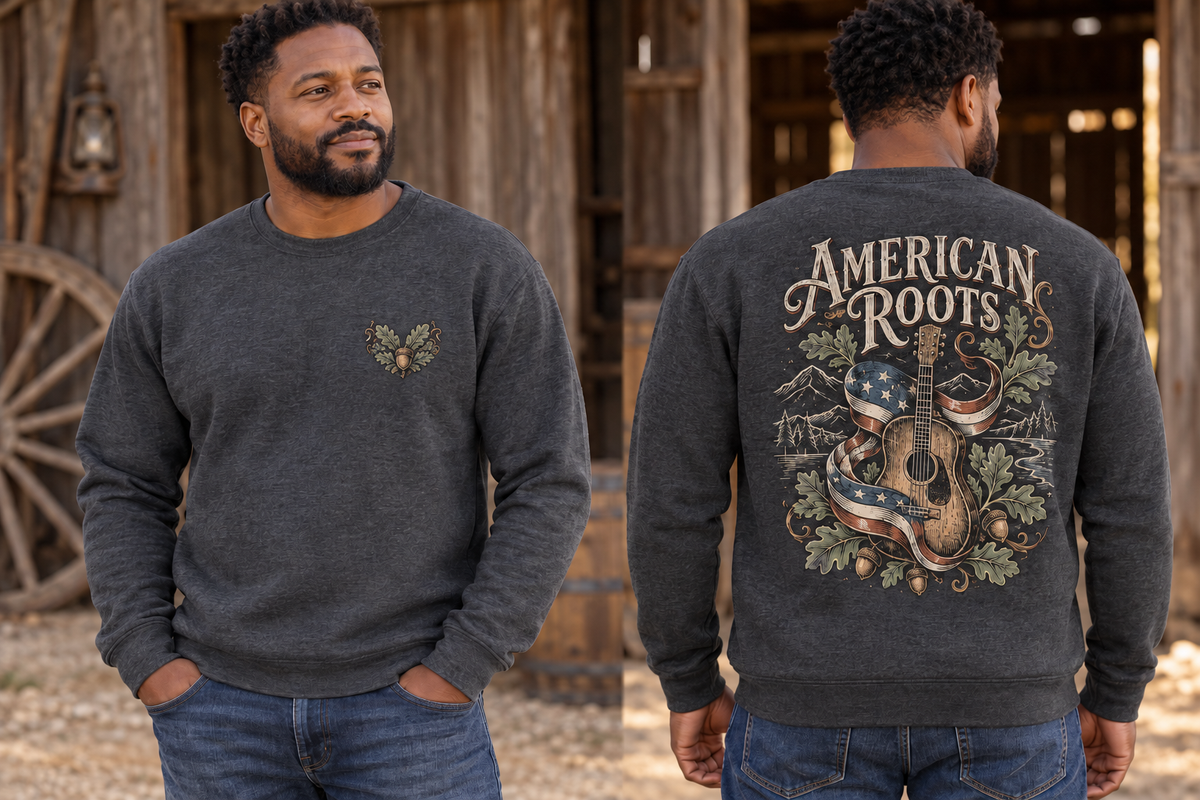 Men’s American Roots Crewneck – Heather Charcoal — picture-only front, saying and artwork on back