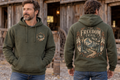 Men’s The Freedom Trail Hoodie – Military Green — picture-only front, saying and artwork on back