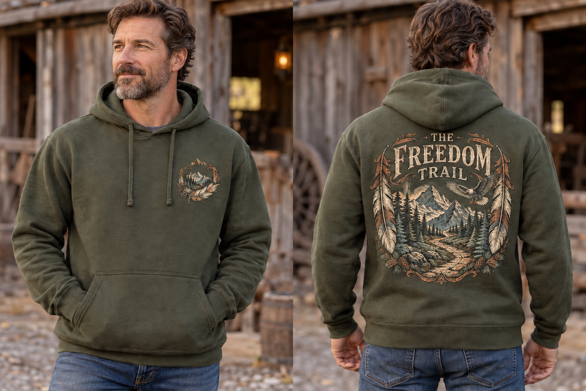 Men’s The Freedom Trail Hoodie – Military Green — picture-only front, saying and artwork on back