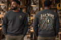 Men’s Live Wire Crewneck – Heather Charcoal — picture-only front, saying and artwork on back