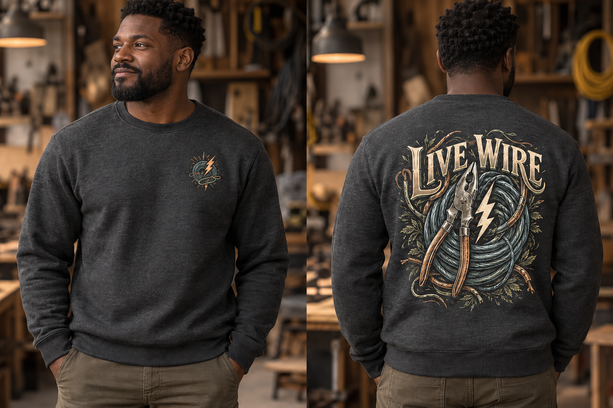 Men’s Live Wire Crewneck – Heather Charcoal — picture-only front, saying and artwork on back