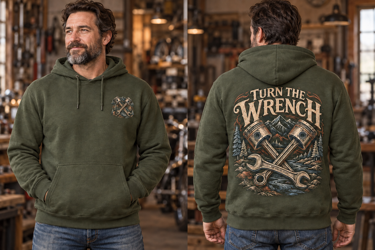 Men’s Turn The Wrench Hoodie – Military Green — picture-only front, saying and artwork on back