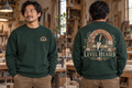 Men’s Level Headed Crewneck – Forest Green — picture-only front, saying and artwork on back