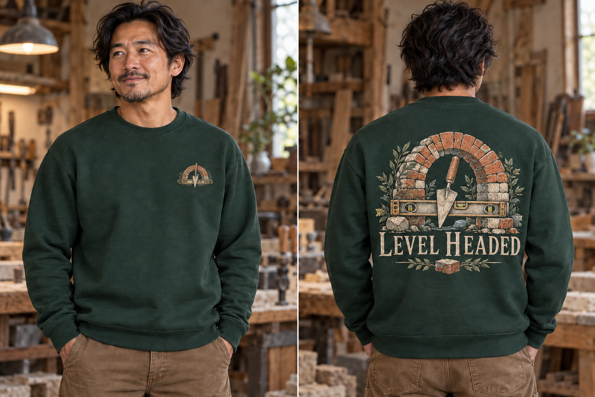 Men’s Level Headed Crewneck – Forest Green — picture-only front, saying and artwork on back