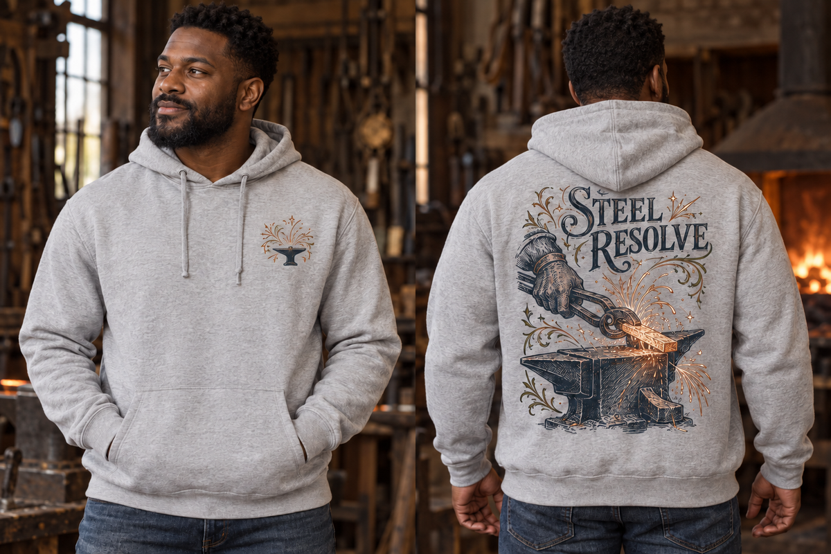 Men’s Steel Resolve Hoodie – Ash Gray — picture-only front, saying and artwork on back