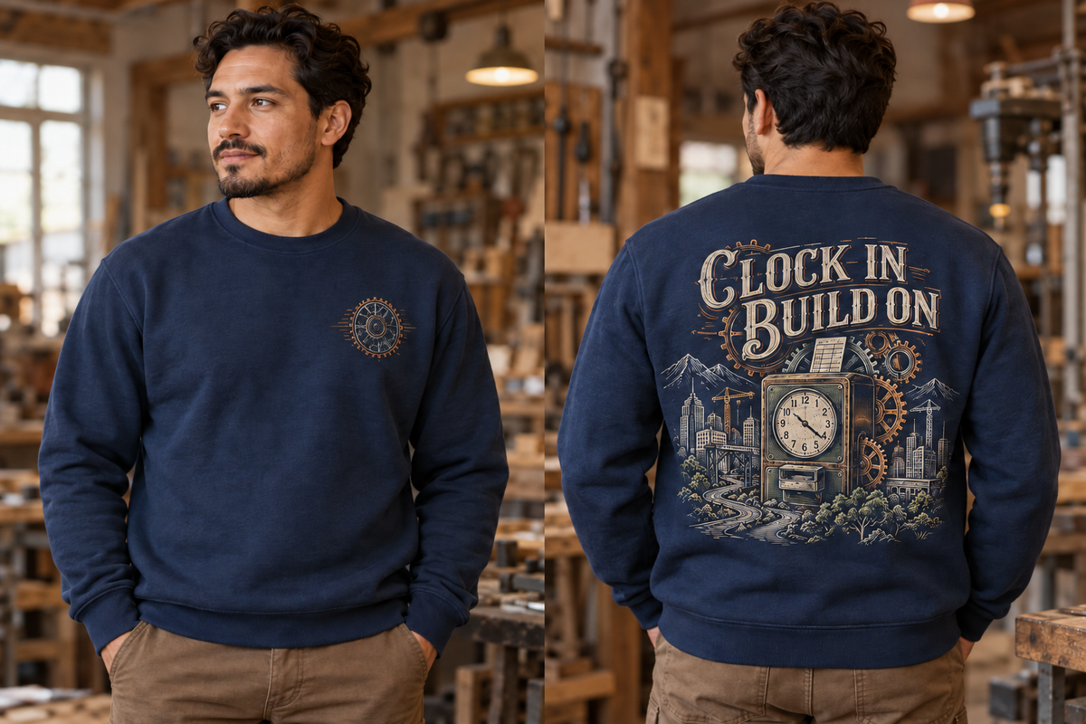 Men’s Clock In Build On Crewneck – Indigo Blue — picture-only front, saying and artwork on back