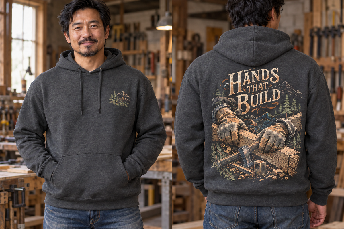 Men’s Hands That Build Hoodie – Dark Heather Gray — picture-only front, saying and artwork on back