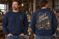 Men’s Shift Strong Crewneck – Navy — picture-only front, saying and artwork on back
