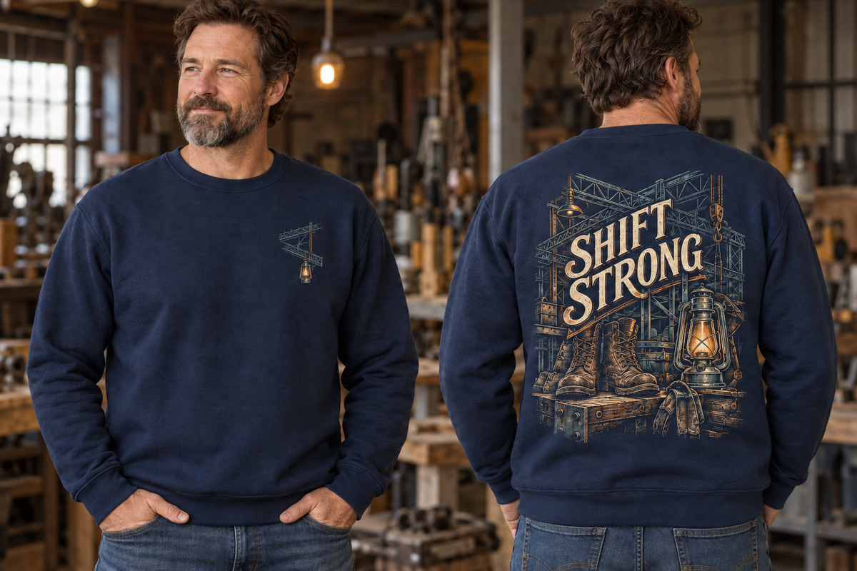 Men’s Shift Strong Crewneck – Navy — picture-only front, saying and artwork on back