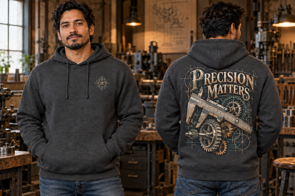 Men’s Precision Matters Hoodie – Heather Charcoal — picture-only front, saying and artwork on back