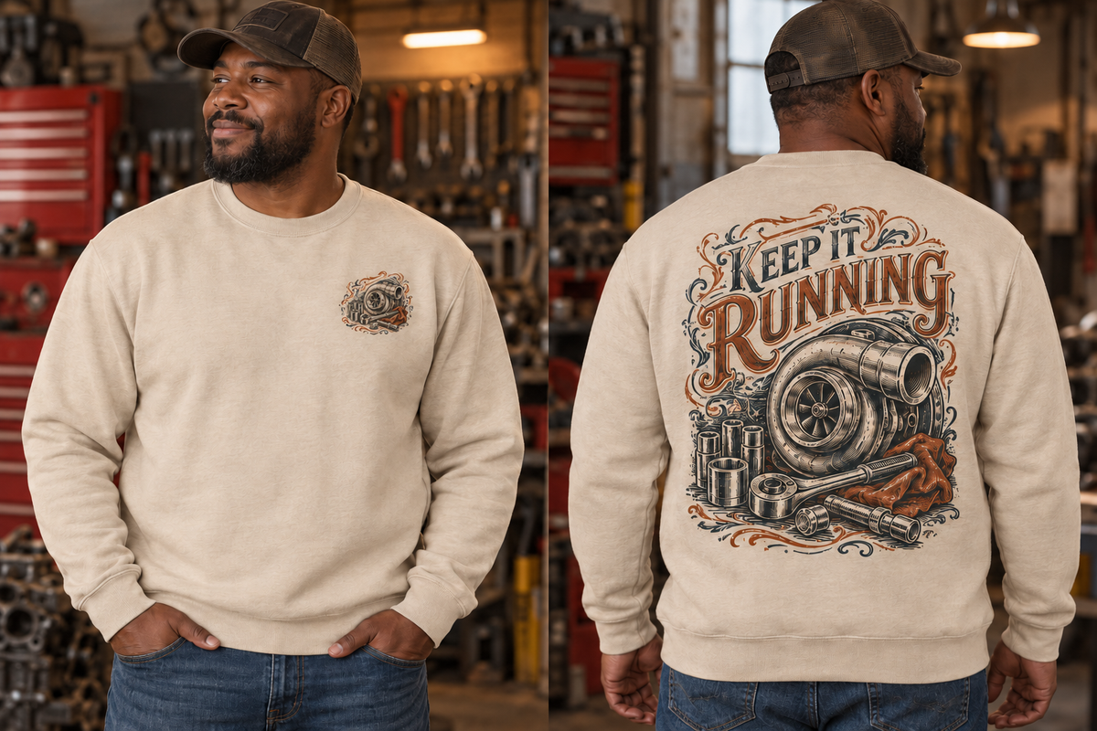 Men’s Keep It Running Crewneck – Sand — picture-only front, saying and artwork on back