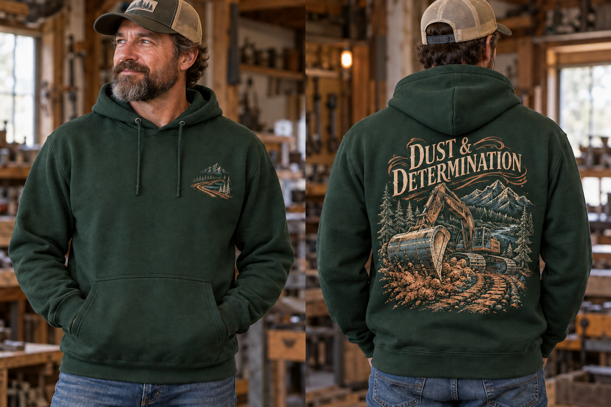 Men’s Dust & Determination Hoodie – Forest Green — picture-only front, saying and artwork on back