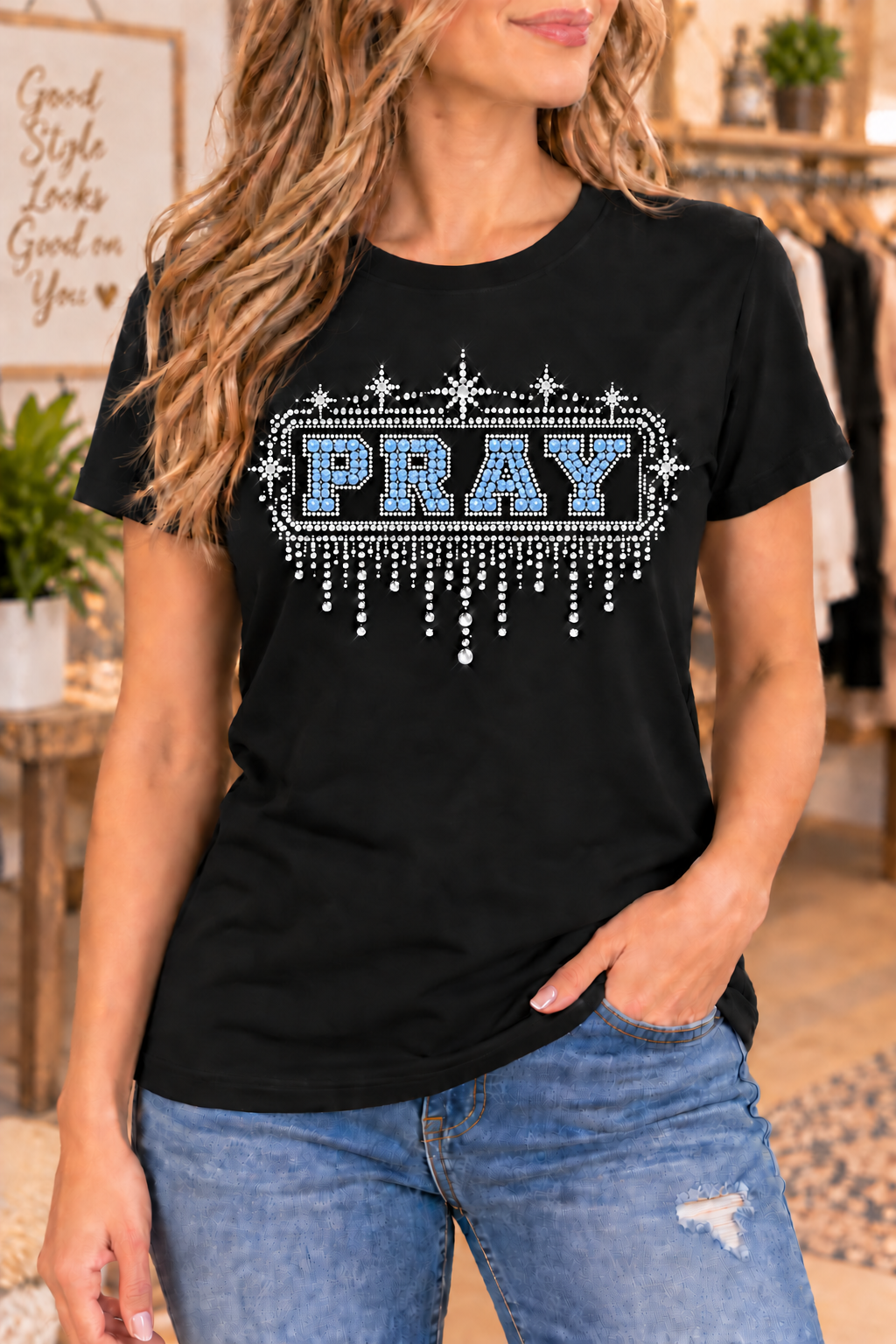 PRAY Light Blue Rhinestone Look Graphic Tee