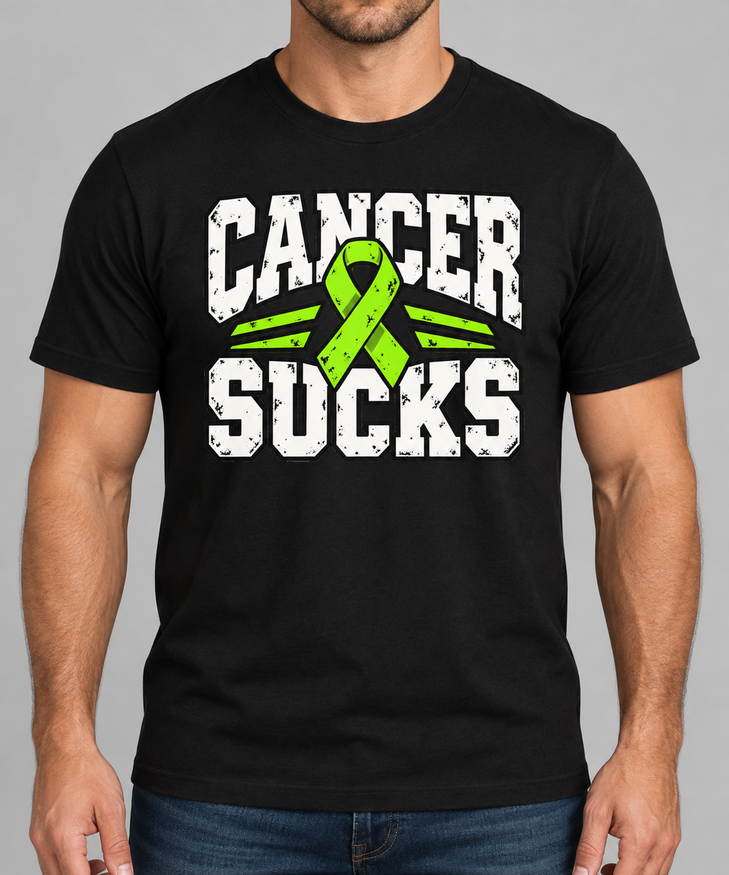 Men's Cancer Sucks lime ribbon black tee