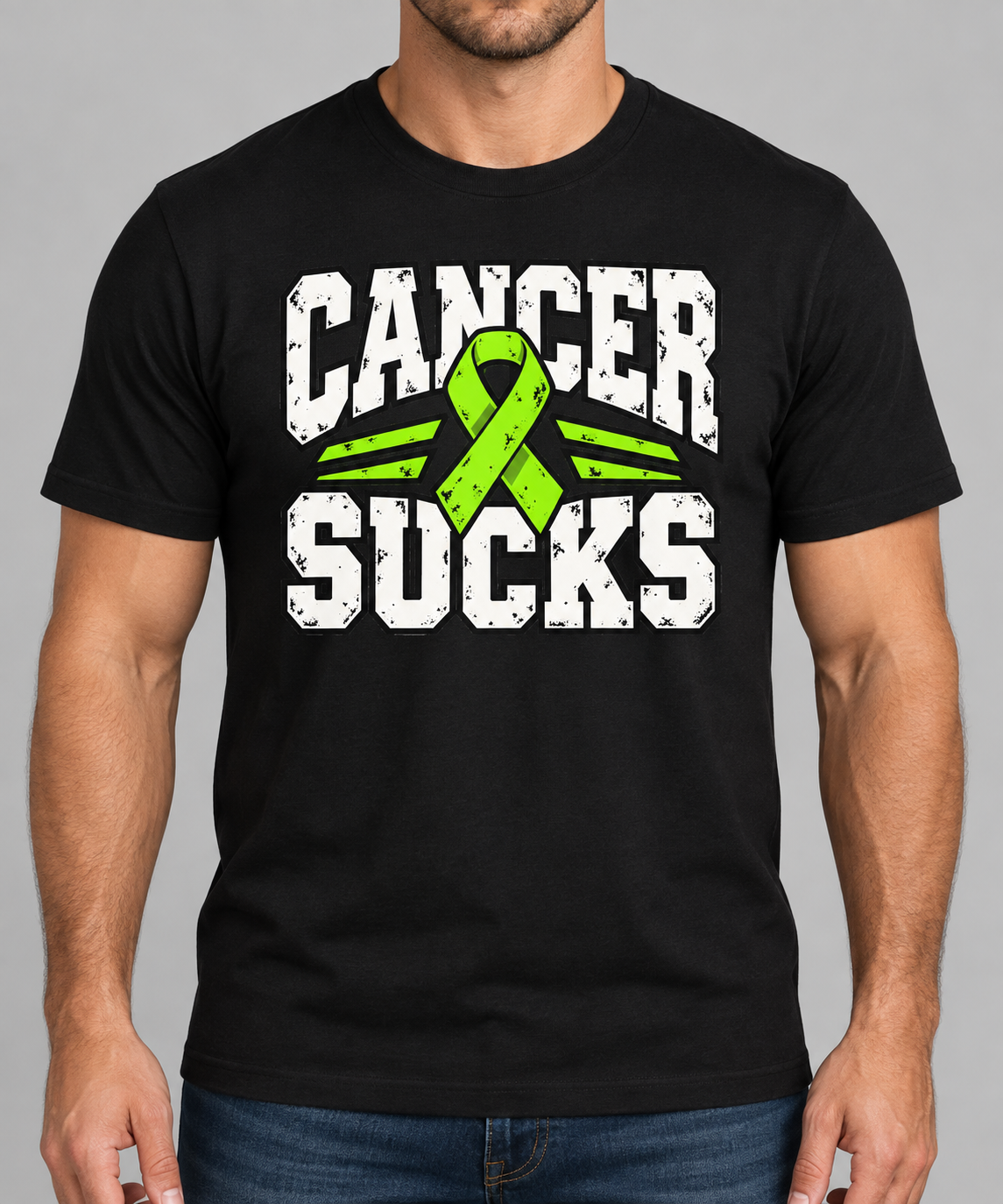 Men's Cancer Sucks lime ribbon black tee