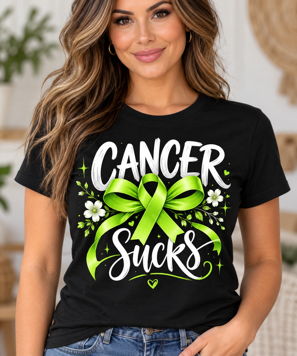 Women's Cancer Sucks lime bow black tee