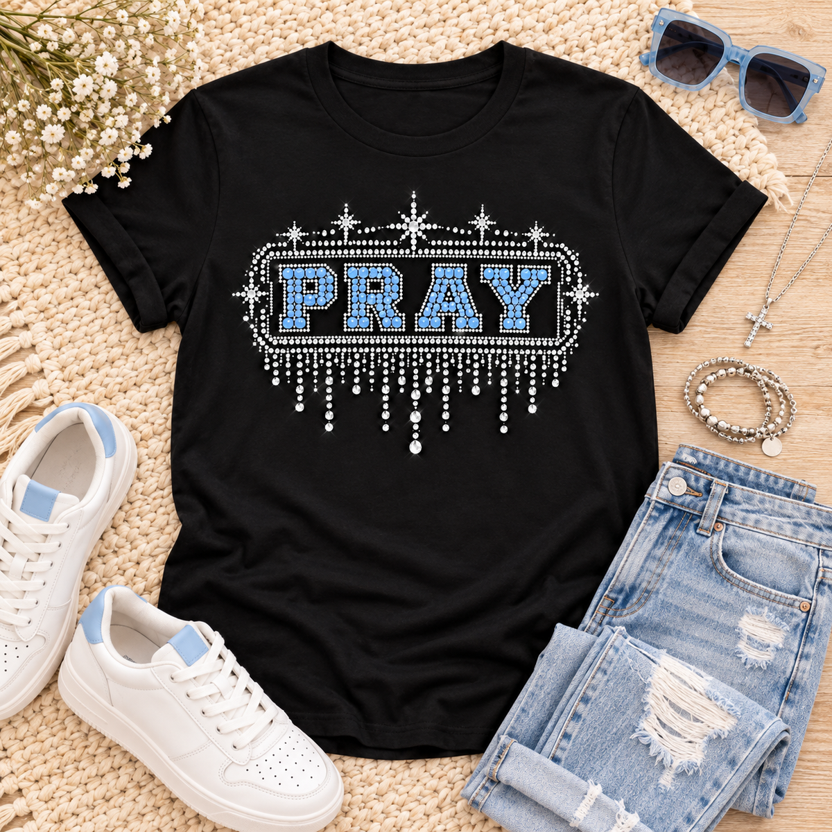 PRAY Light Blue Rhinestone Look Graphic Tee