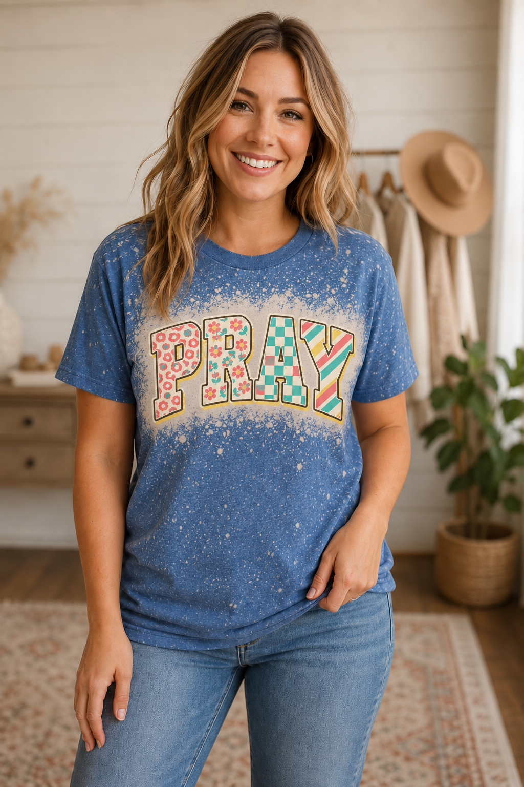 PRAY Mixed Print Blue Bleached Graphic Tee