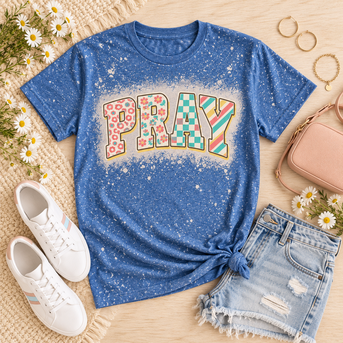 PRAY Mixed Print Blue Bleached Graphic Tee
