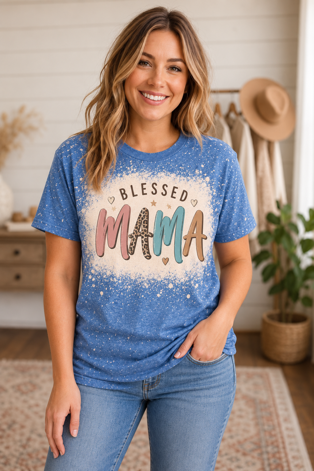 Blessed Mama Blue Bleached Graphic Tee