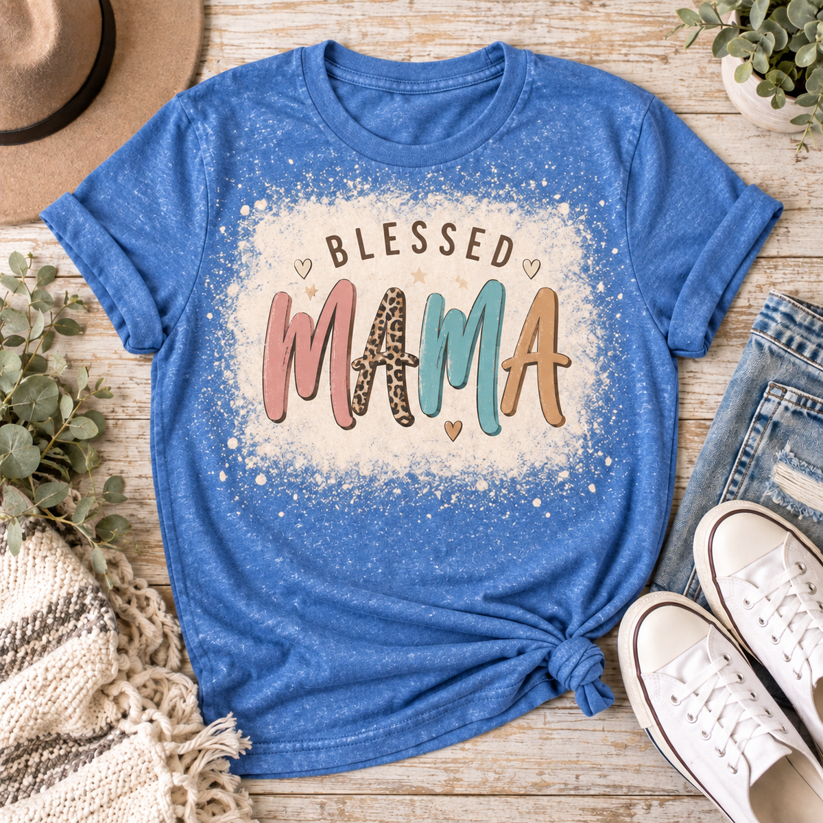 Blessed Mama Blue Bleached Graphic Tee