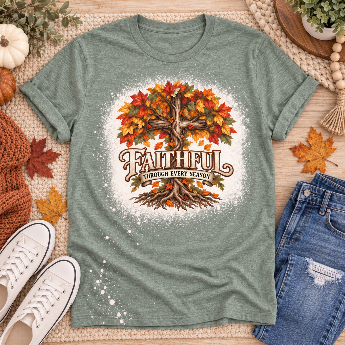 Faithful Through Every Season Sage Green Bleached Tee