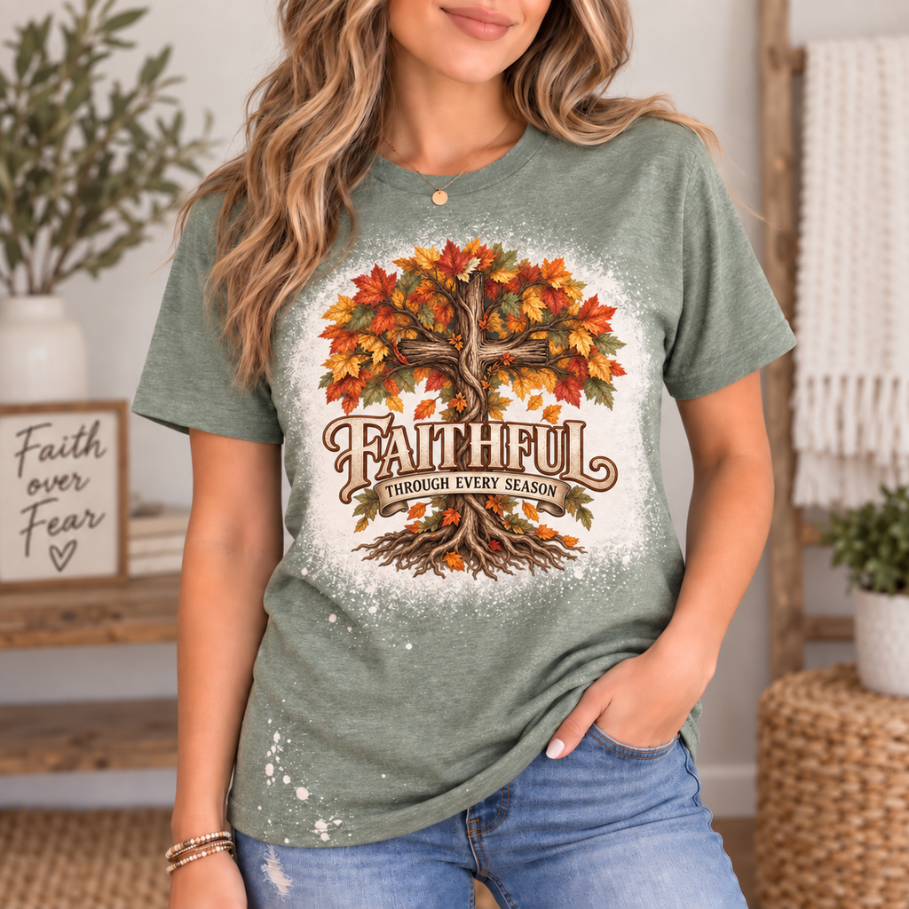 Faithful Through Every Season Sage Green Bleached Tee