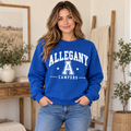 Allegany Campers Vintage Varsity Crewneck in Royal on woman model