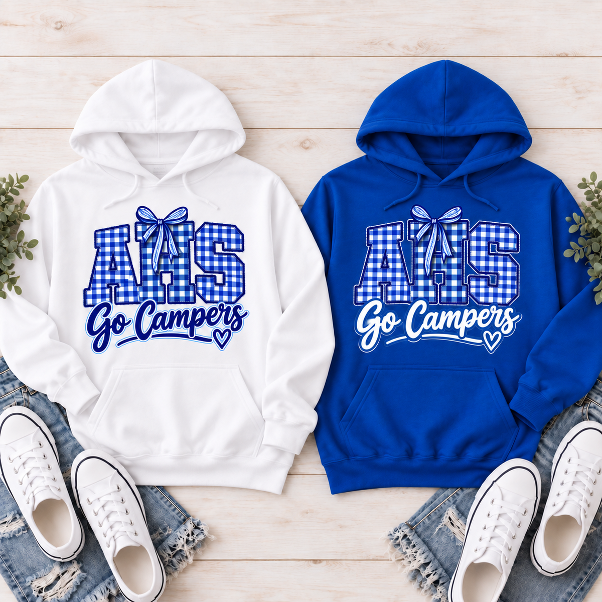 Allegany AHS Go Campers gingham bow Hoodie in white and royal blue