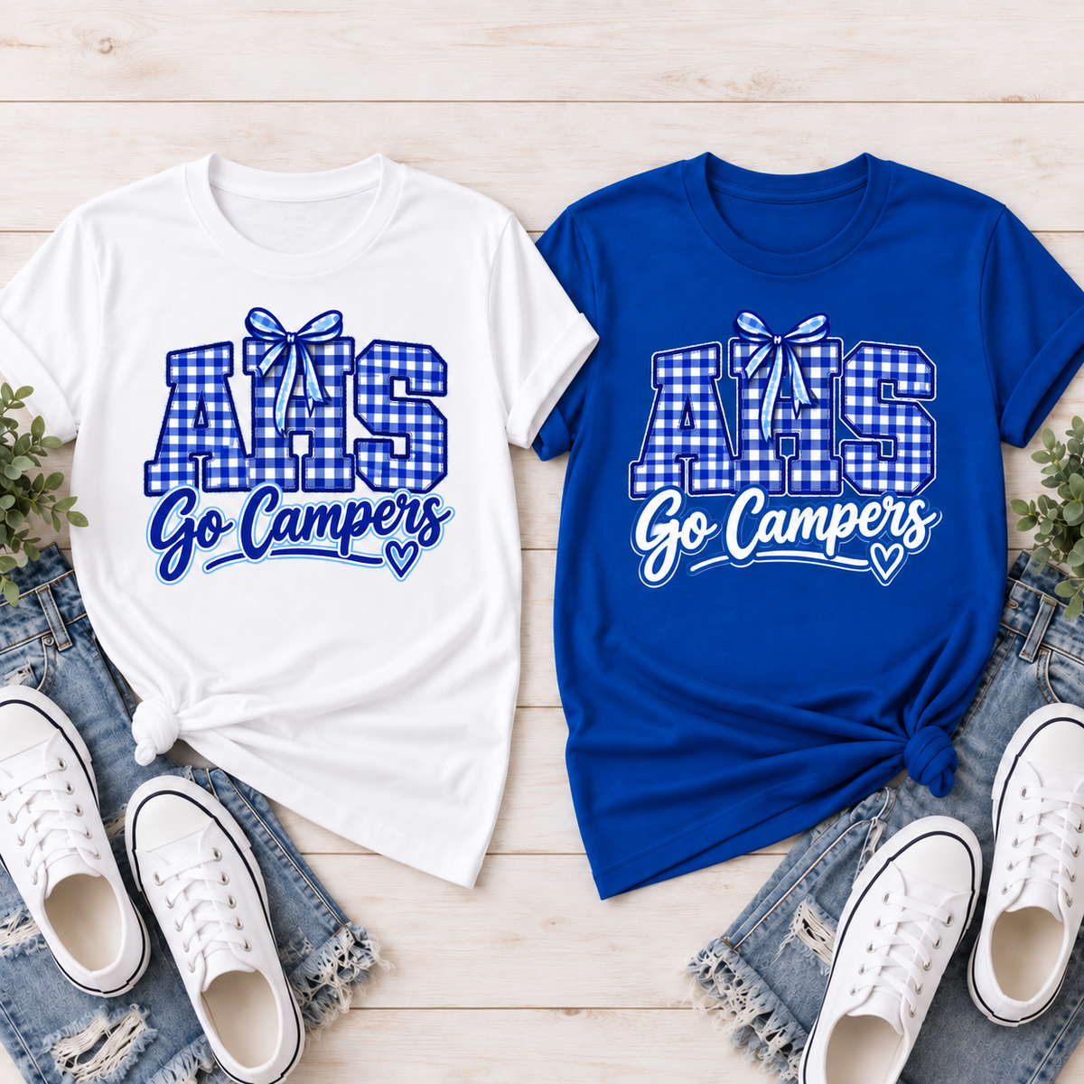 Allegany AHS Go Campers gingham bow T-Shirt in white and royal blue