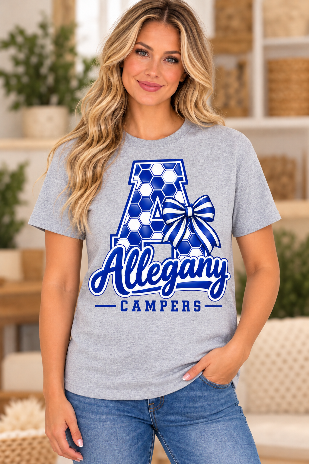 Allegany Campers Honeycomb A Monogram Bow Sport Gray T-Shirt girl mockup