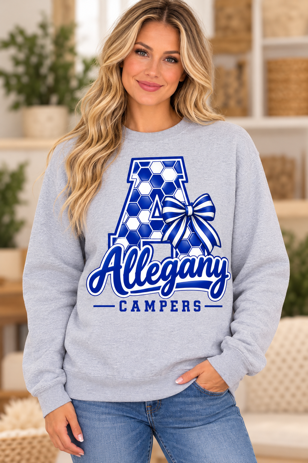 Allegany Campers Honeycomb A Monogram Bow Sport Gray Crewneck girl mockup