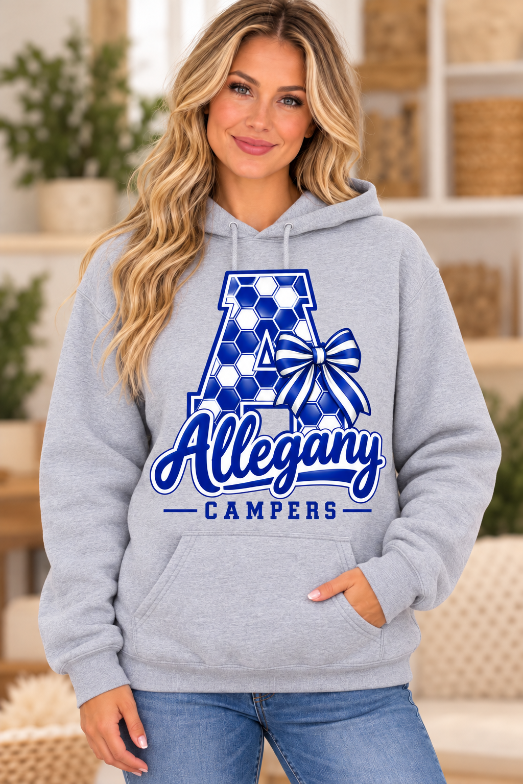 Allegany Campers Honeycomb A Monogram Bow Sport Gray Hoodie girl mockup