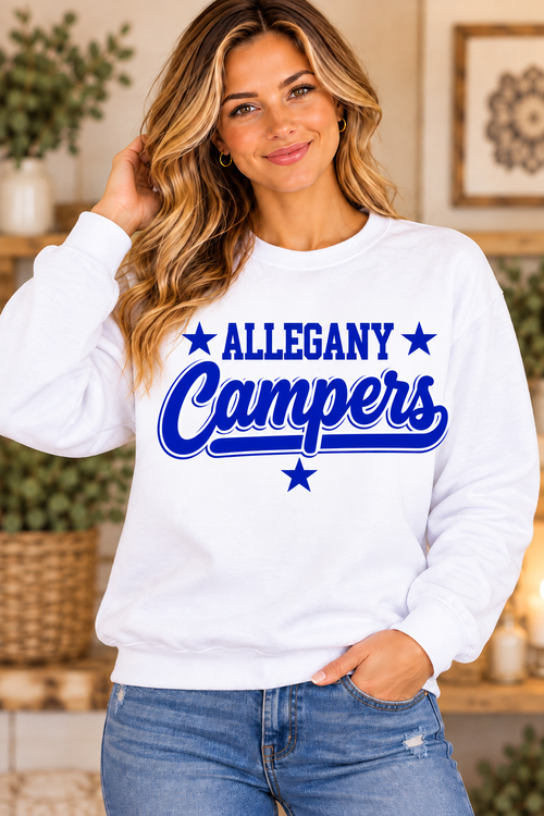Allegany Campers Campers Script White Crewneck girl mockup