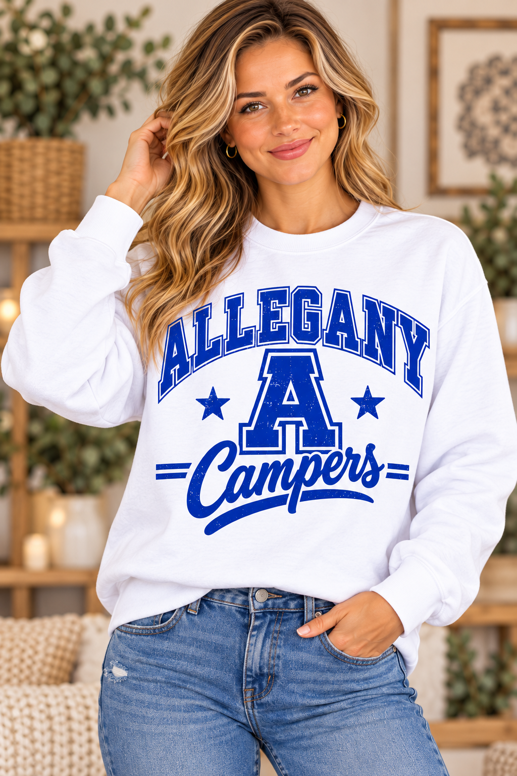 Allegany Campers Game Day White Crewneck girl mockup