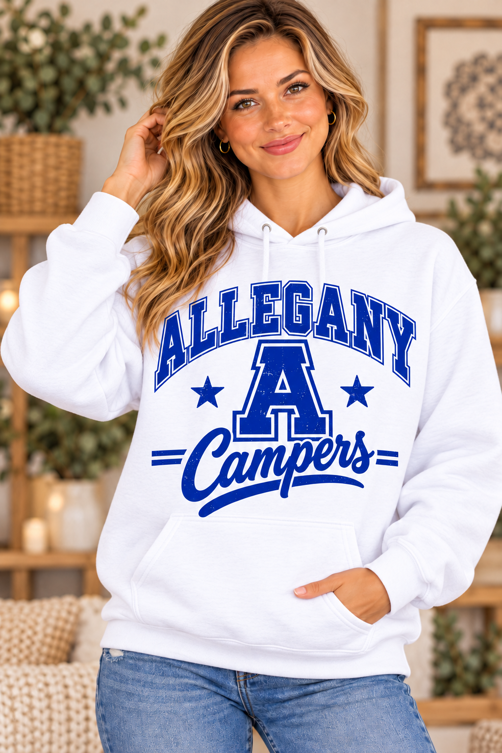 Allegany Campers Game Day White Hoodie girl mockup