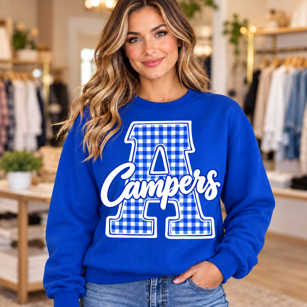 Allegany A Campers gingham royal crew