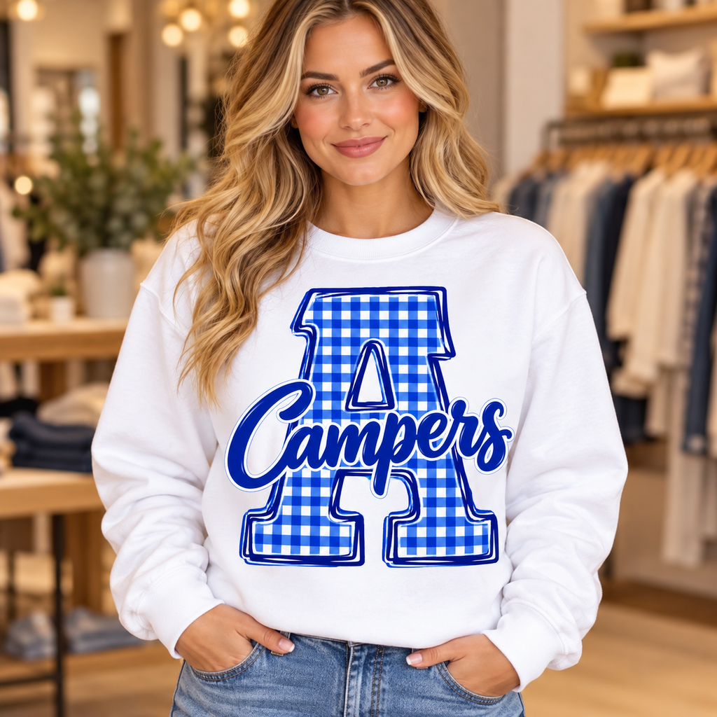 Allegany A Campers gingham white crew